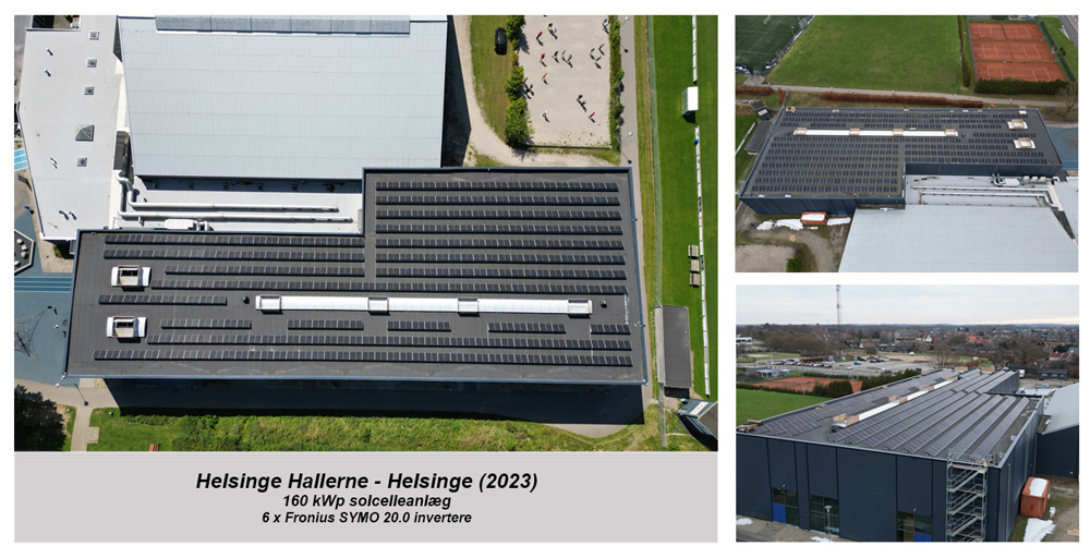 Solcelleanlæg på offentlig bygning – Helsinge Hallerne (2023) – 160 kWp – fladt tag