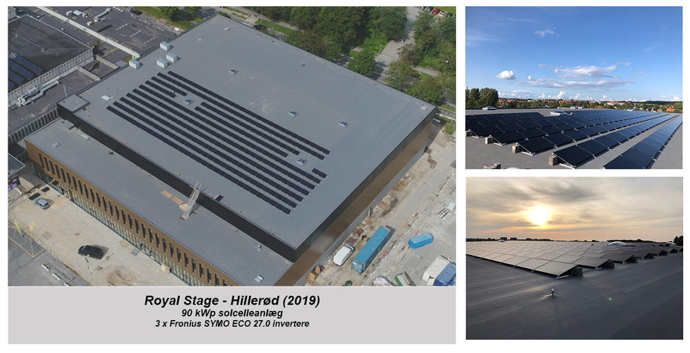 Solcelleanlæg til erhverv på fladt tag – Royal Stage Hillerød (2019) – 90 kWp