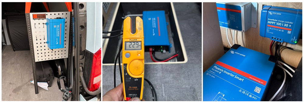 230 volt inverter installeret i varevogn, som leverer strøm til værktøj