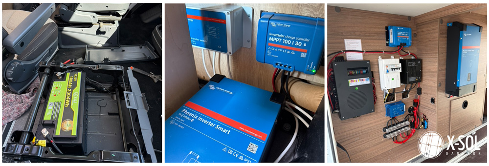 Installation af solcelleanlæg, lithiumbatteri og inverter i campingvogn og autocamper udført af X-Sol Danmark