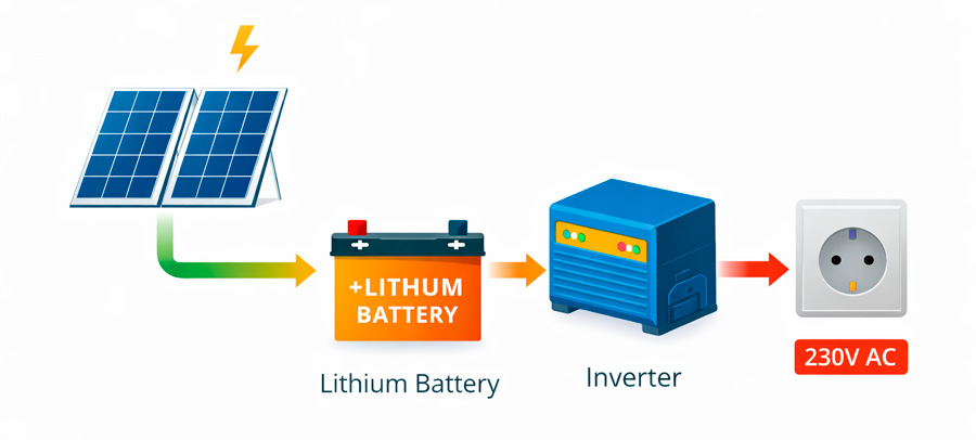 Solcelle, batteri, inverter og 230V i stikkontakt i campingvogn