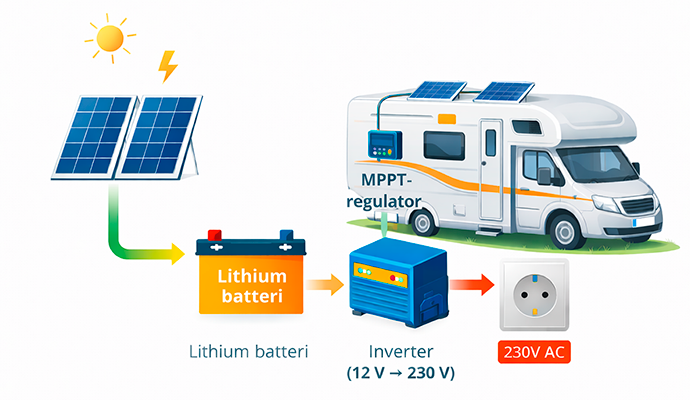 12 V solcelleanlæg til campingvogn og autocamper – solcelle, MPPT-regulator, lithiumbatteri og inverter